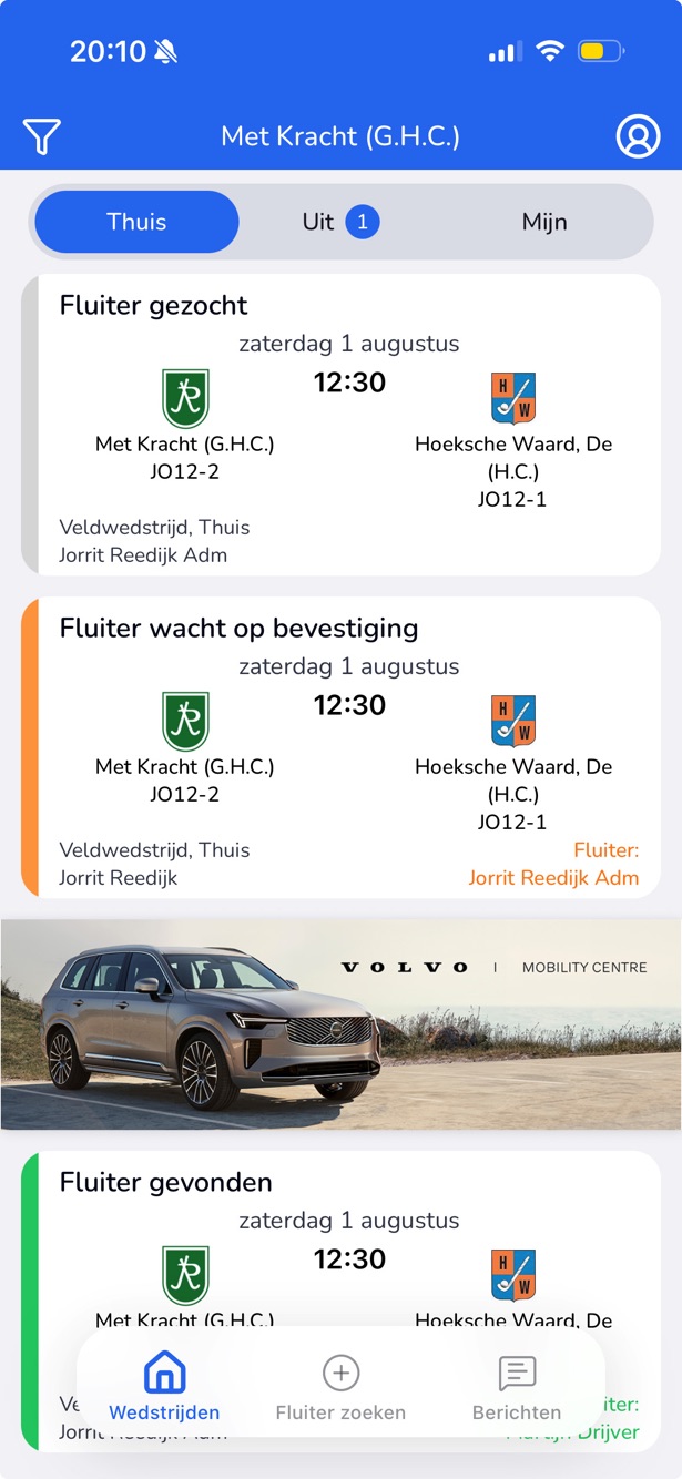 Het wedstrijdoverzicht in de app: fluiter gezocht, wacht op bevestiging en gevonden
