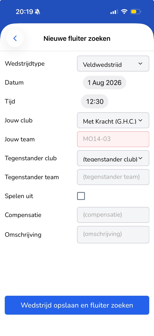 Een wedstrijd aanmaken in de app: datum, tijd, club, team en tegenstander